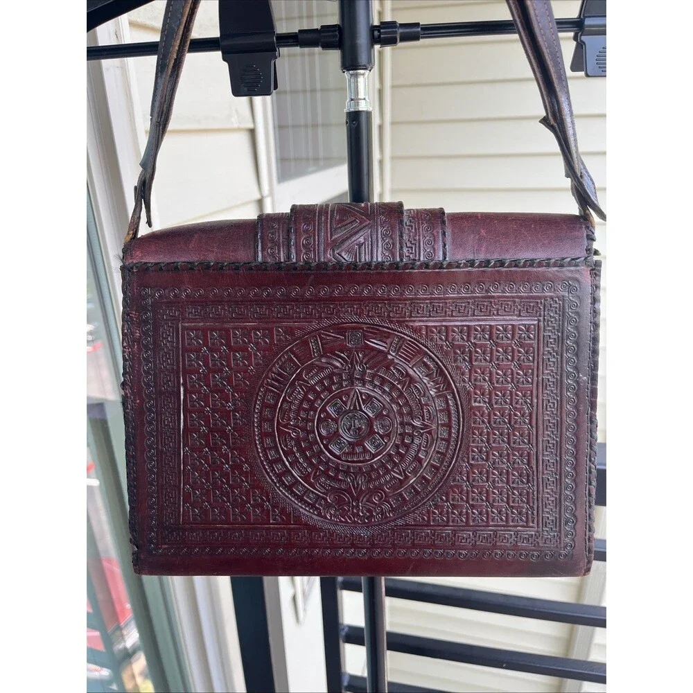 Vintage Mexican Aztec Mayan Tooled Brown Leather Handbag Purse Boho Hippie Vibe